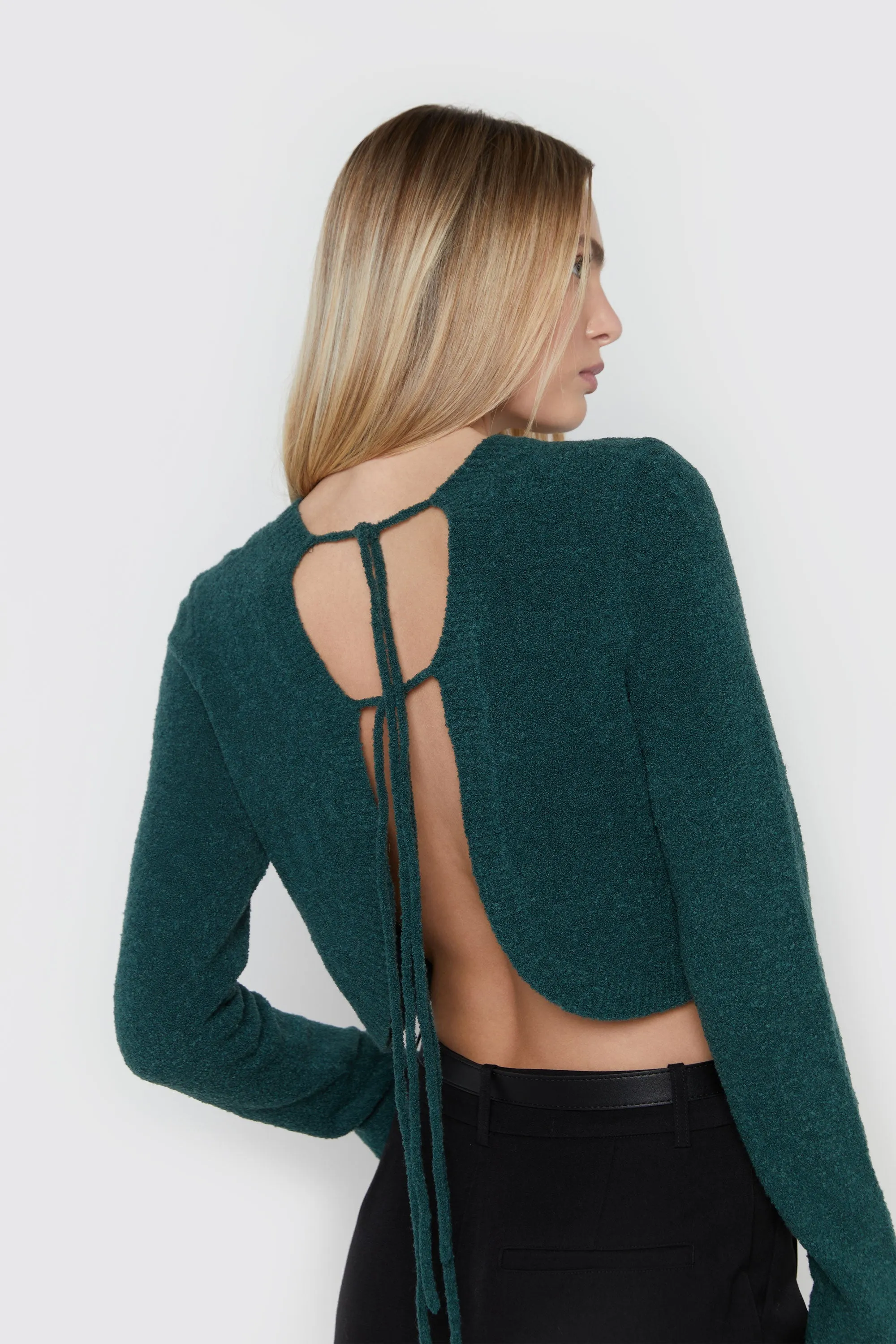 OPEN BACK FUZZY SWEATER