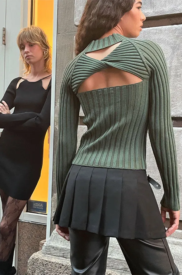 OPEN BACK MOCKNECK SWEATER