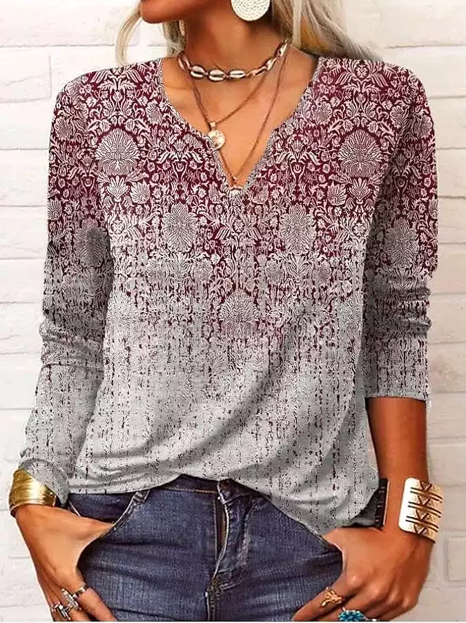 Paisley Gradient Plus Size Henley Shirt for Women