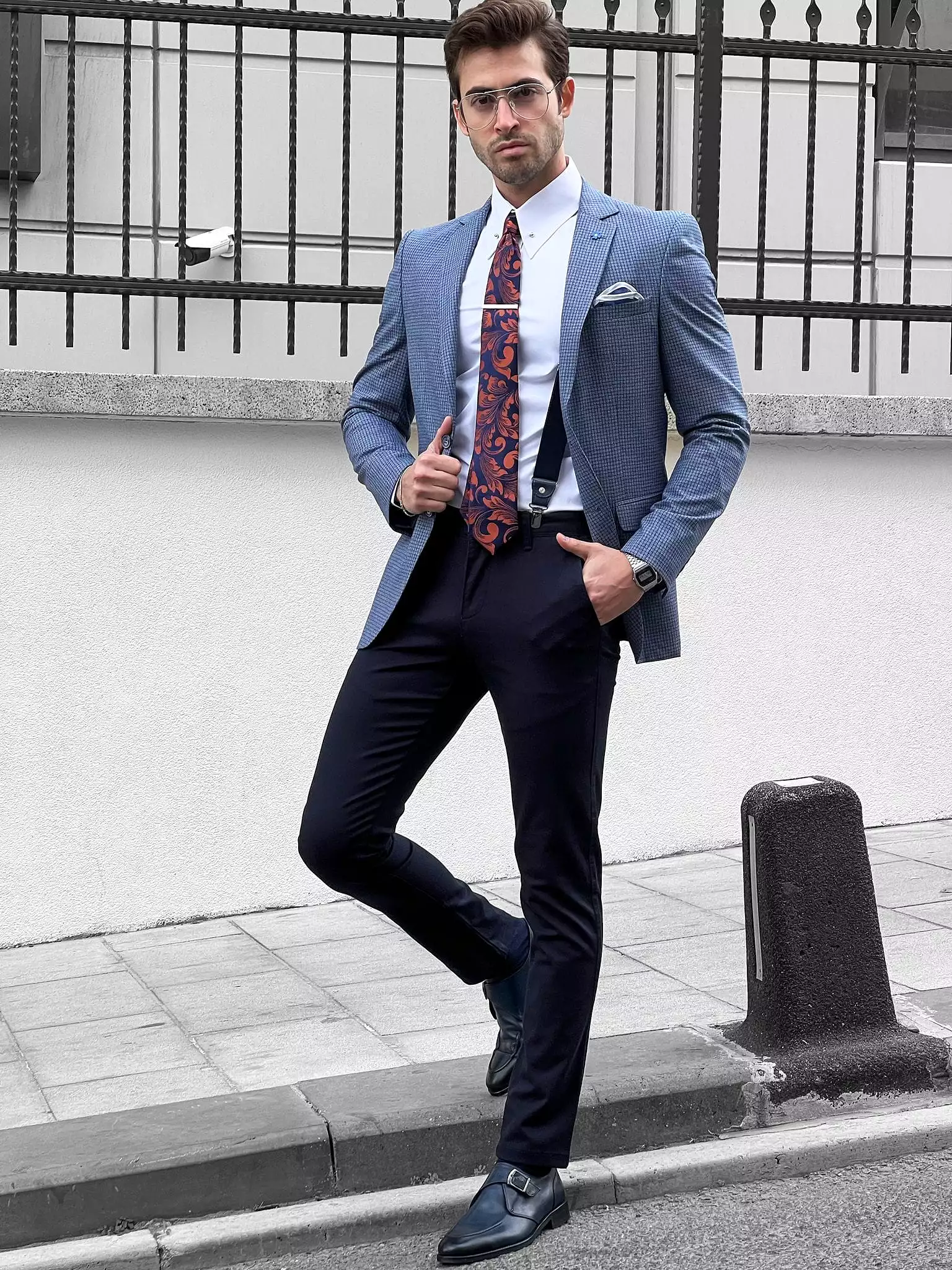 Patterned Slim-fit Mono Collar Blue Gray Jacket