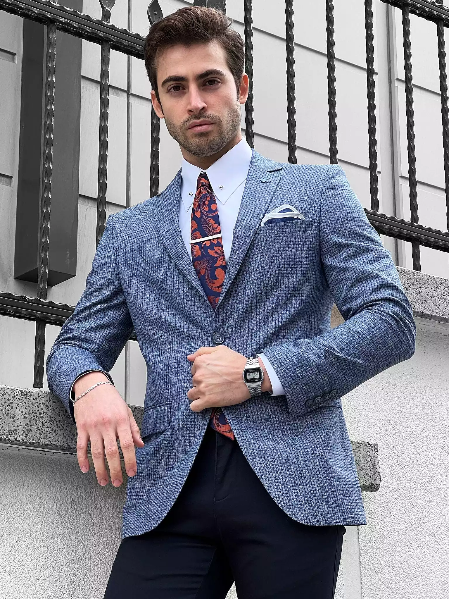 Patterned Slim-fit Mono Collar Blue Gray Jacket