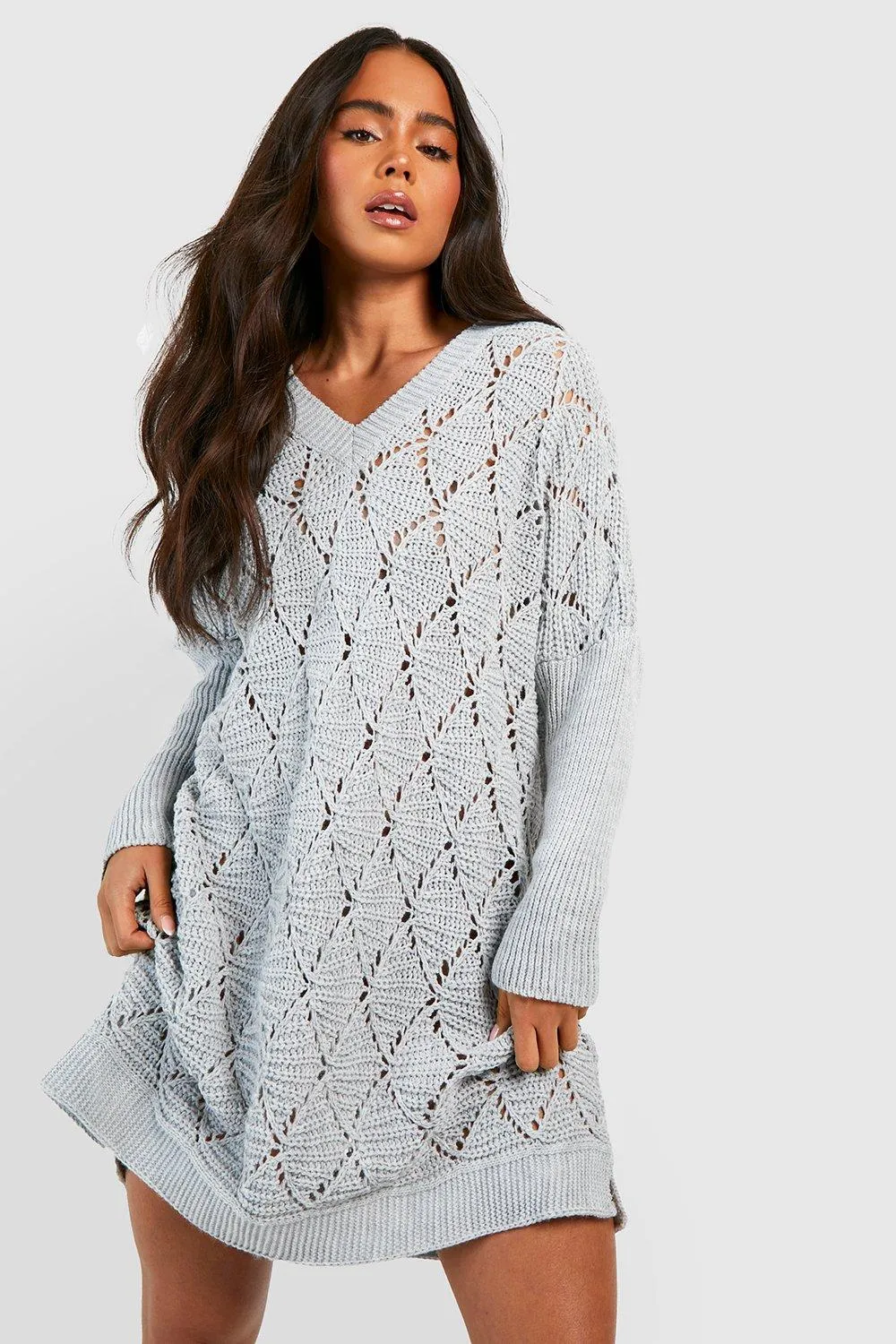 Petite V Neck Knitted Swing Sweater Dress