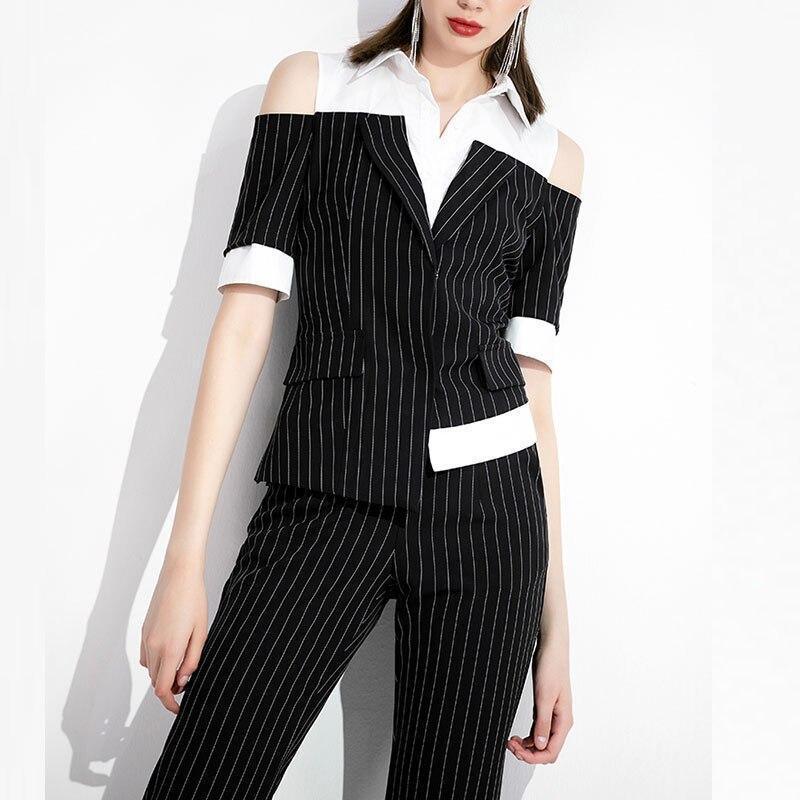 Pinstriped Black-White Pantsuits