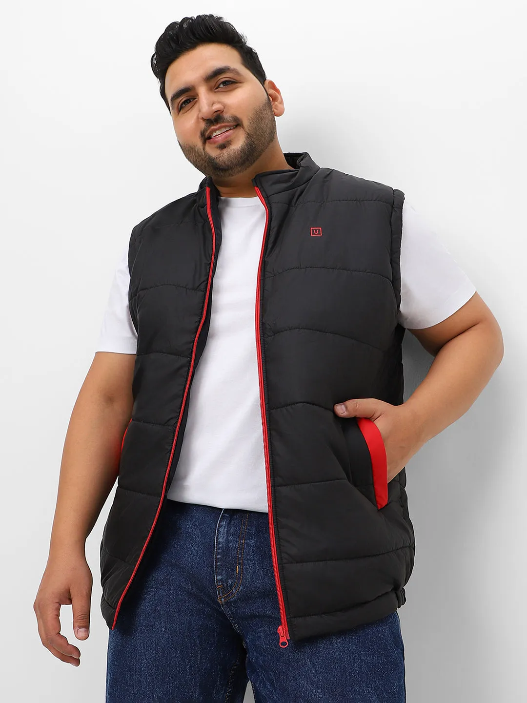 Plus Men's Black Sleeveless Zippered Puffer Jacket