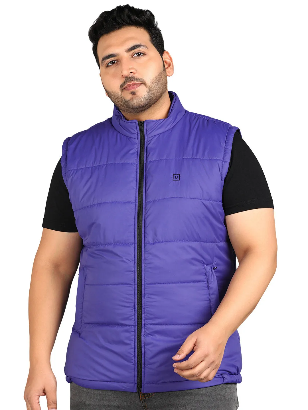 Plus Men's Blue Sleeveless Zippered Puffer Jacket