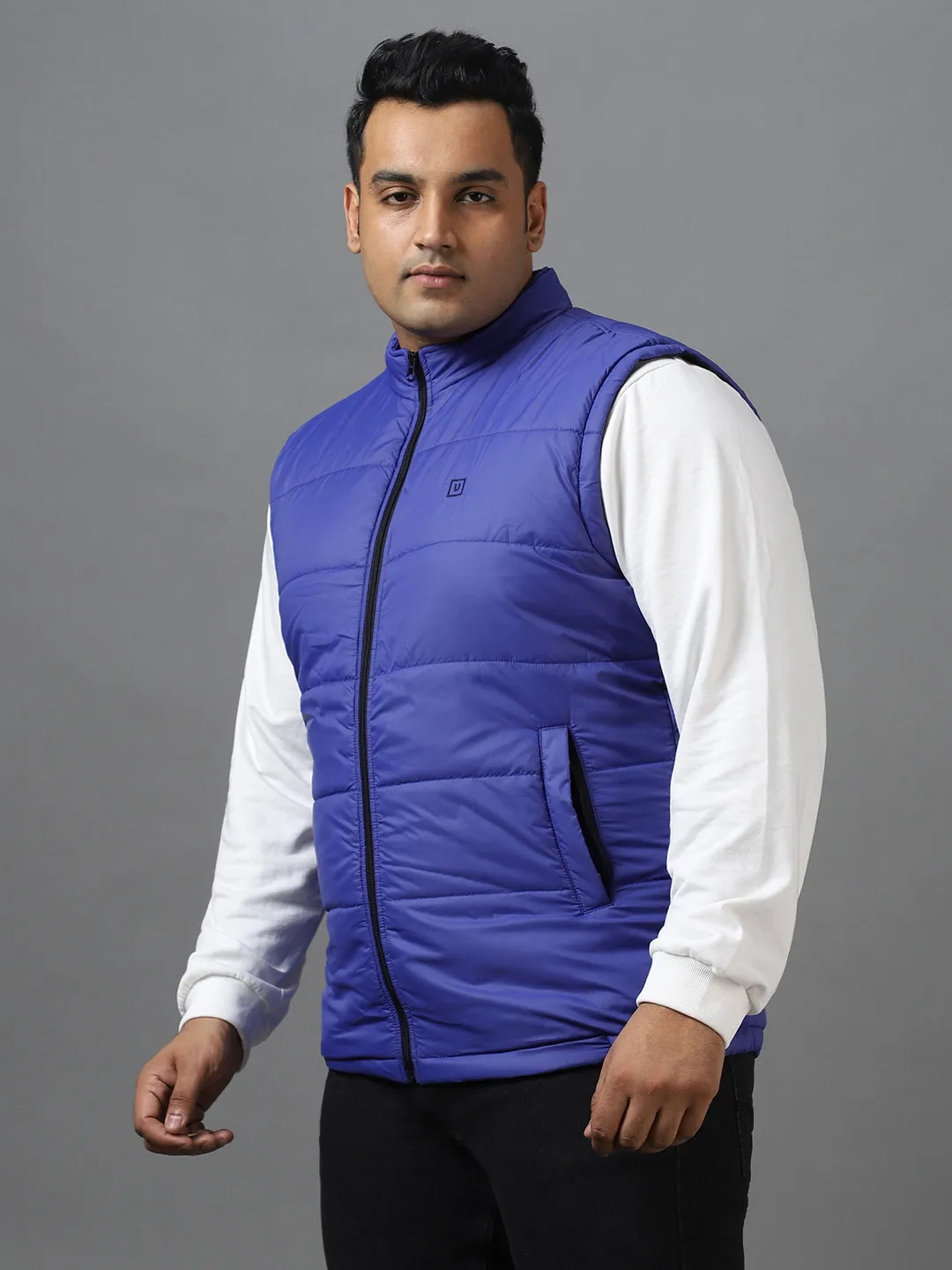 Plus Men's Blue Sleeveless Zippered Puffer Jacket