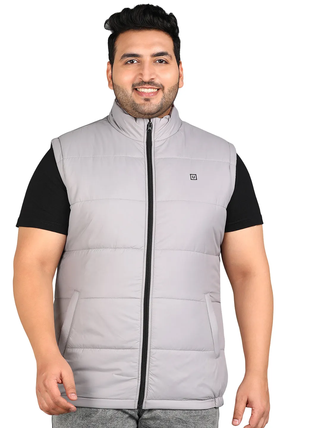 Plus Men's Light Grey Sleeveless Zippered Puffer Jacket