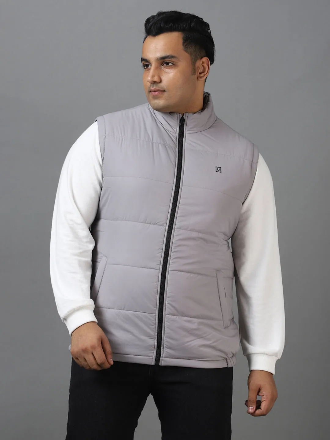 Plus Men's Light Grey Sleeveless Zippered Puffer Jacket