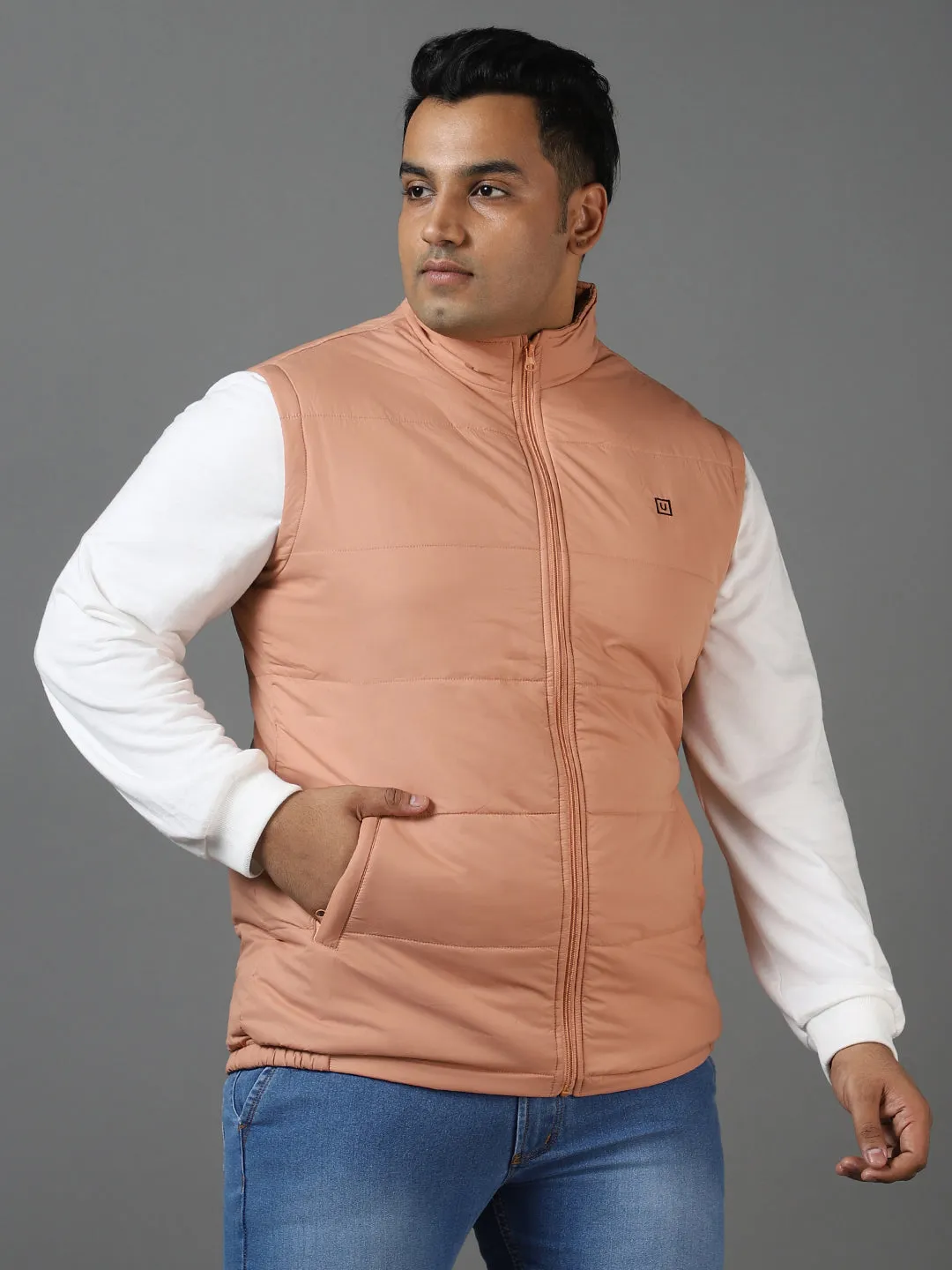 Plus Men's Pink Sleeveless Zippered Puffer Jacket