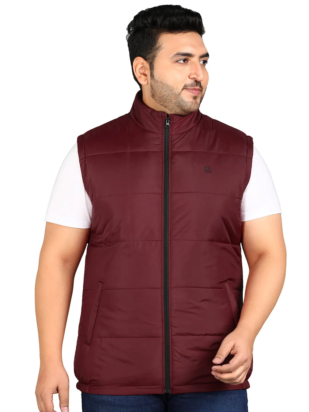 Plus Men's Red Sleeveless Zippered Puffer Jacket