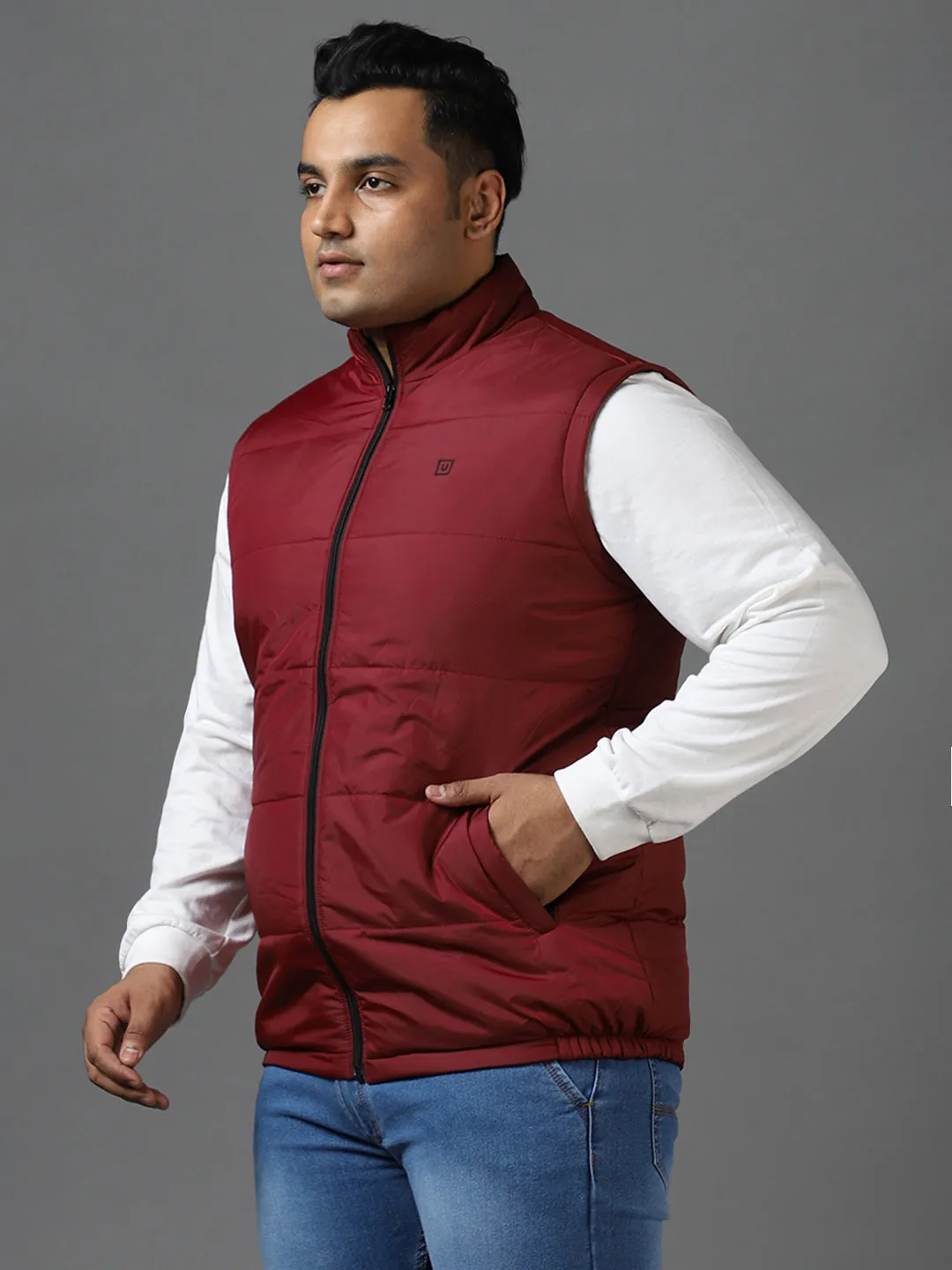 Plus Men's Red Sleeveless Zippered Puffer Jacket