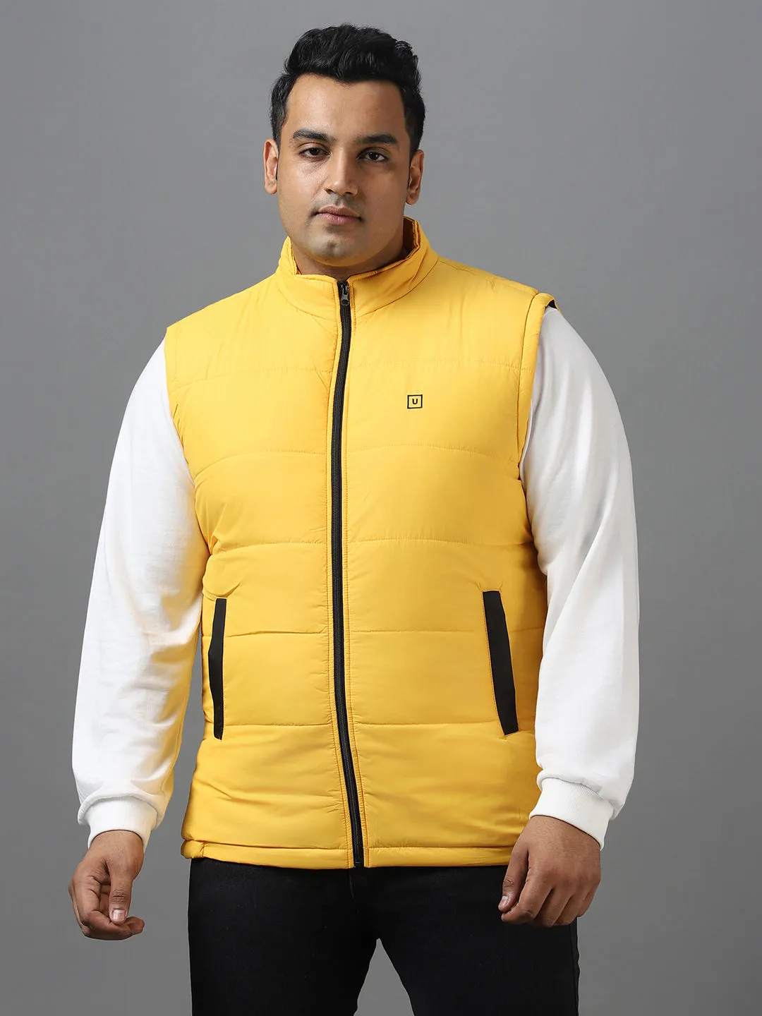 Plus Men's Yellow Sleeveless Zippered Puffer Jacket