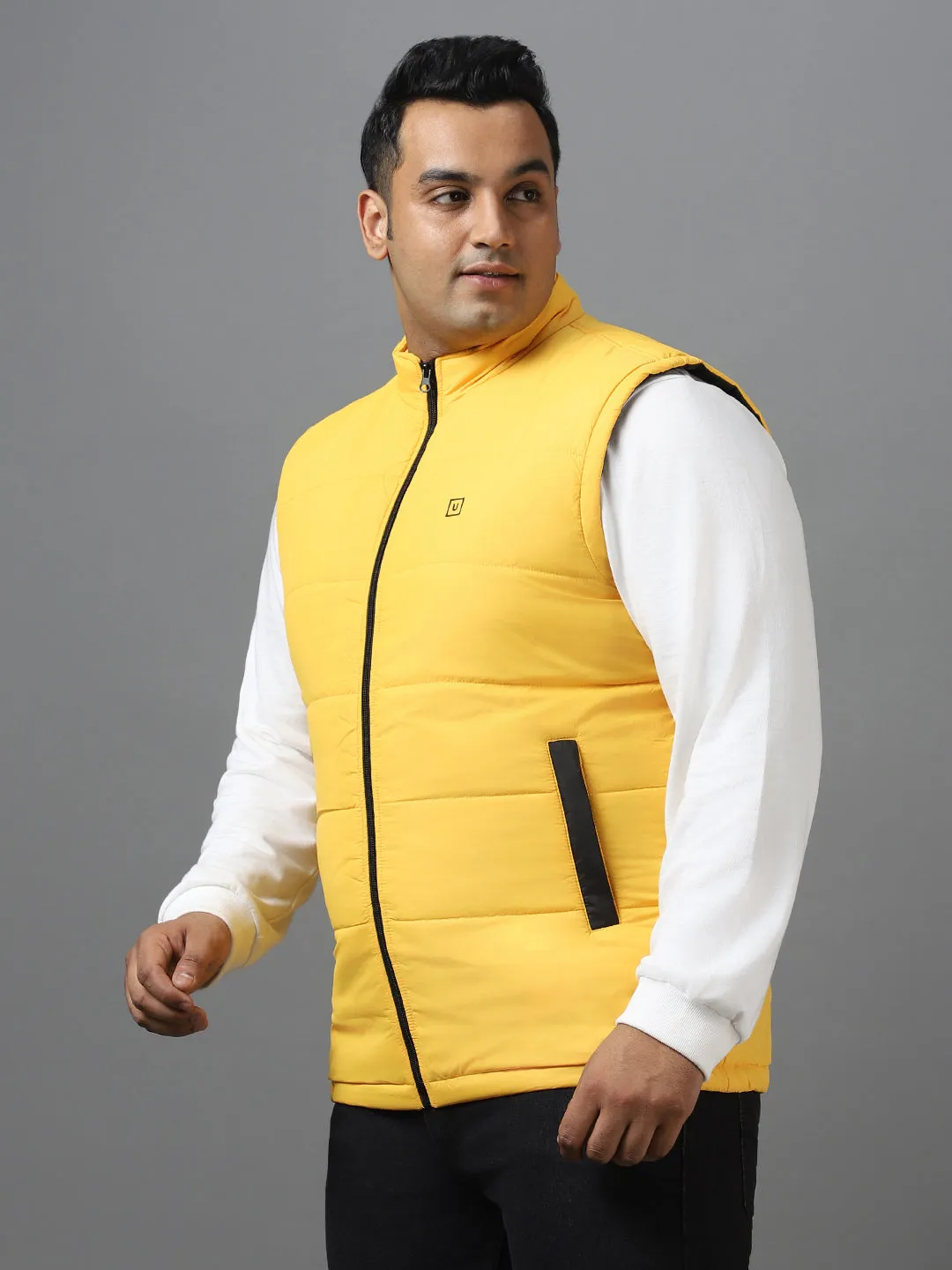 Plus Men's Yellow Sleeveless Zippered Puffer Jacket