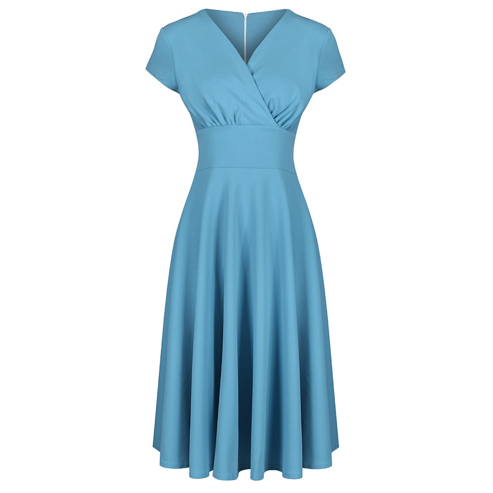 Pretty Blue Vintage A Line Crossover Capped Sleeve Tea Swing Dress