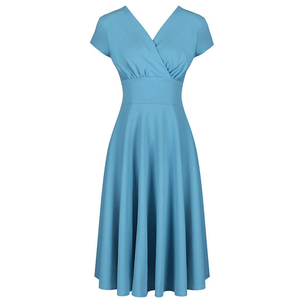 Pretty Blue Vintage A Line Crossover Capped Sleeve Tea Swing Dress