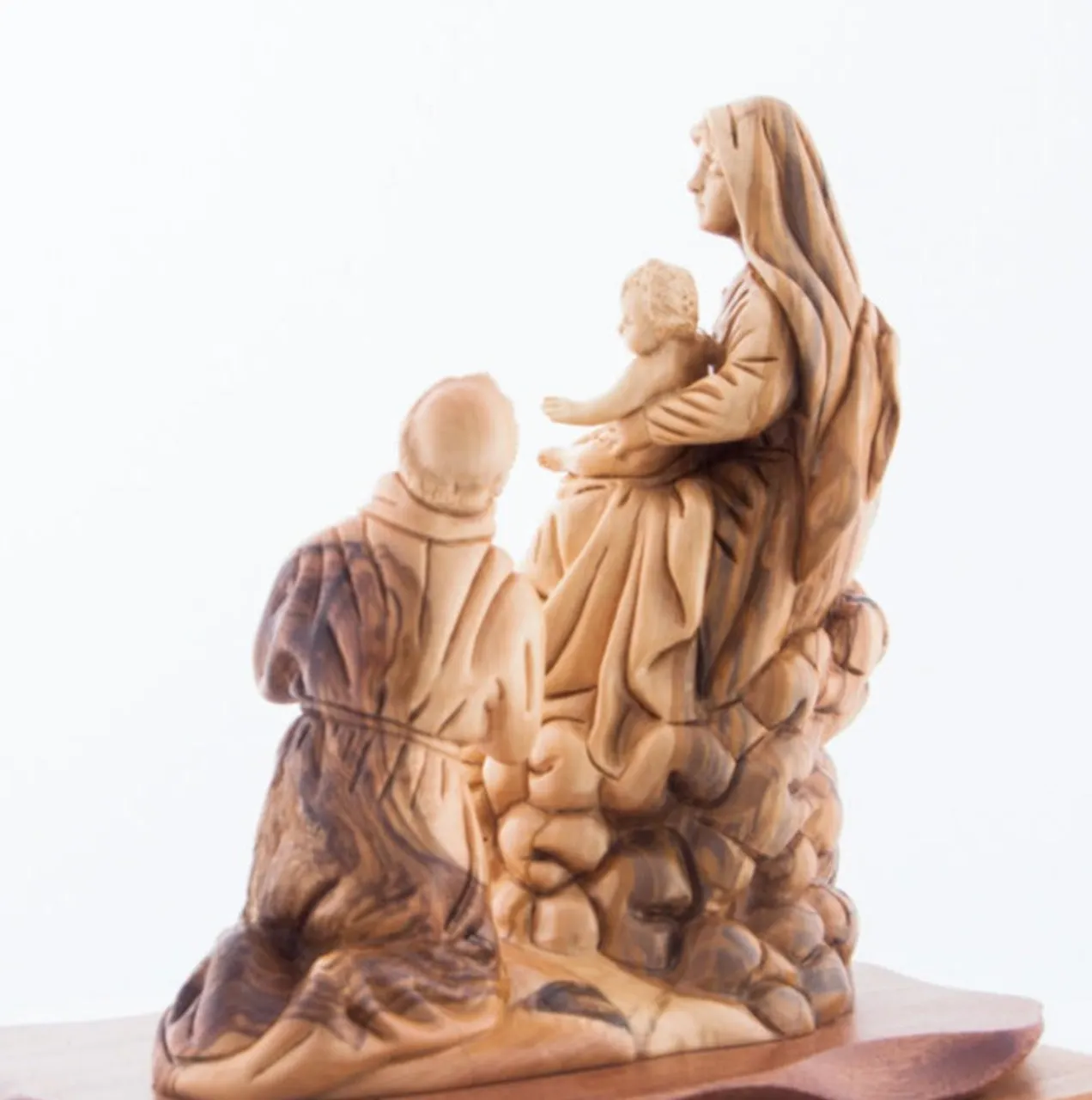 Queen of the Franciscan Order with Saint Francis Kneeling in Front of Baby Jesus, 10.2 Tall Carving , Olive Wood Statue from Hol