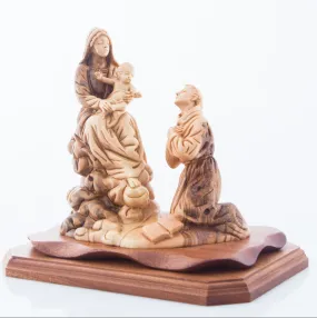 Queen of the Franciscan Order with Saint Francis Kneeling in Front of Baby Jesus, 10.2 Tall Carving , Olive Wood Statue from Hol