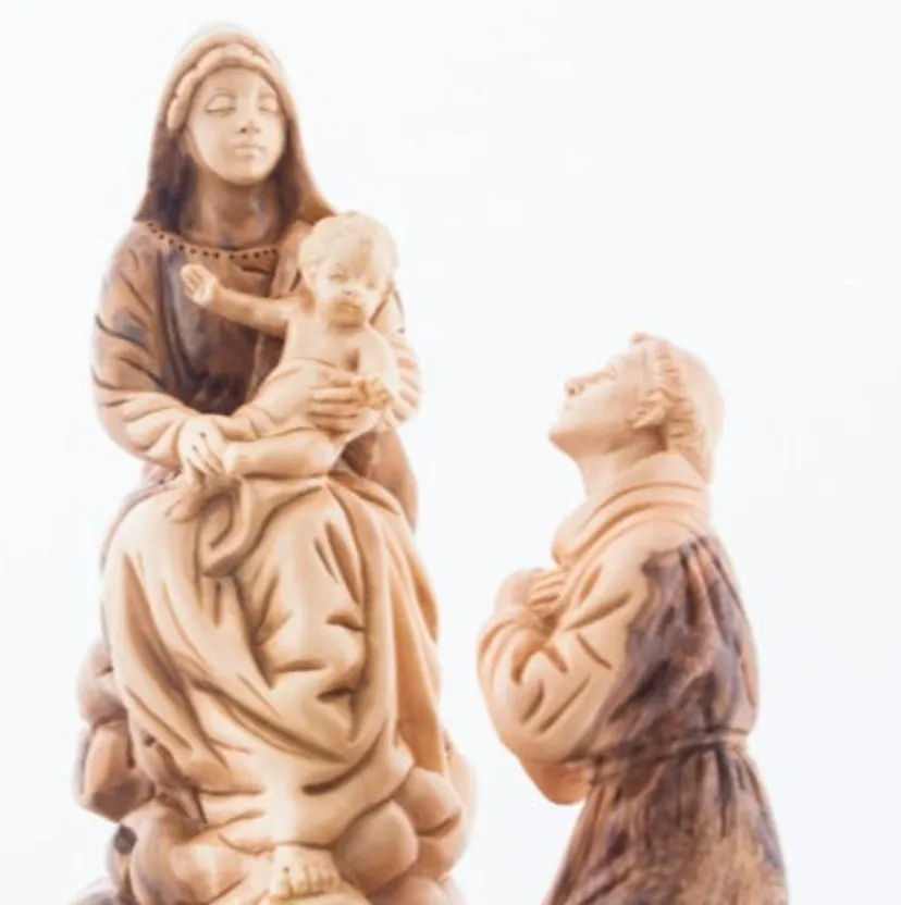 Queen of the Franciscan Order with Saint Francis Kneeling in Front of Baby Jesus, 10.2 Tall Carving , Olive Wood Statue from Hol