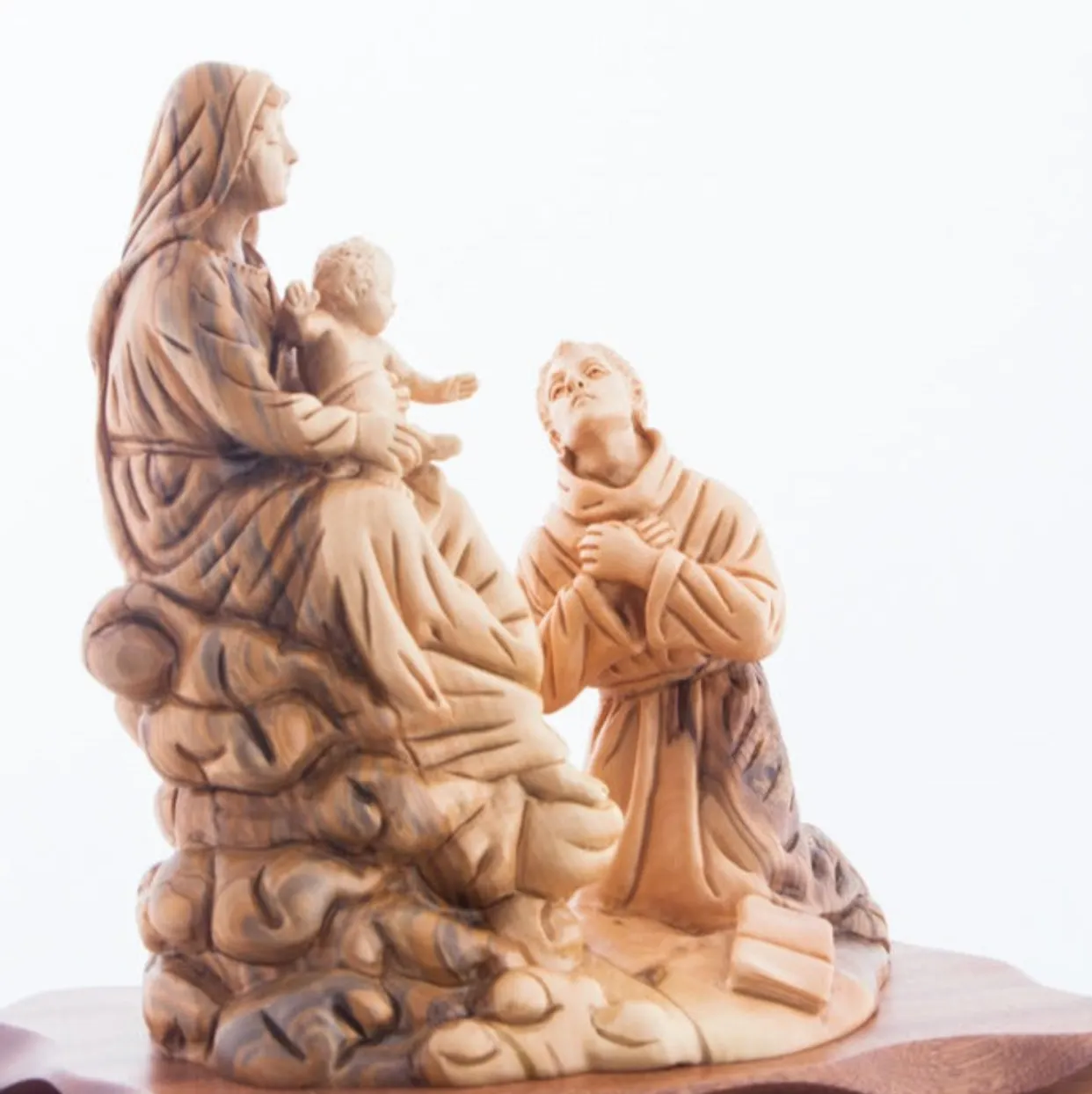 Queen of the Franciscan Order with Saint Francis Kneeling in Front of Baby Jesus, 10.2 Tall Carving , Olive Wood Statue from Hol