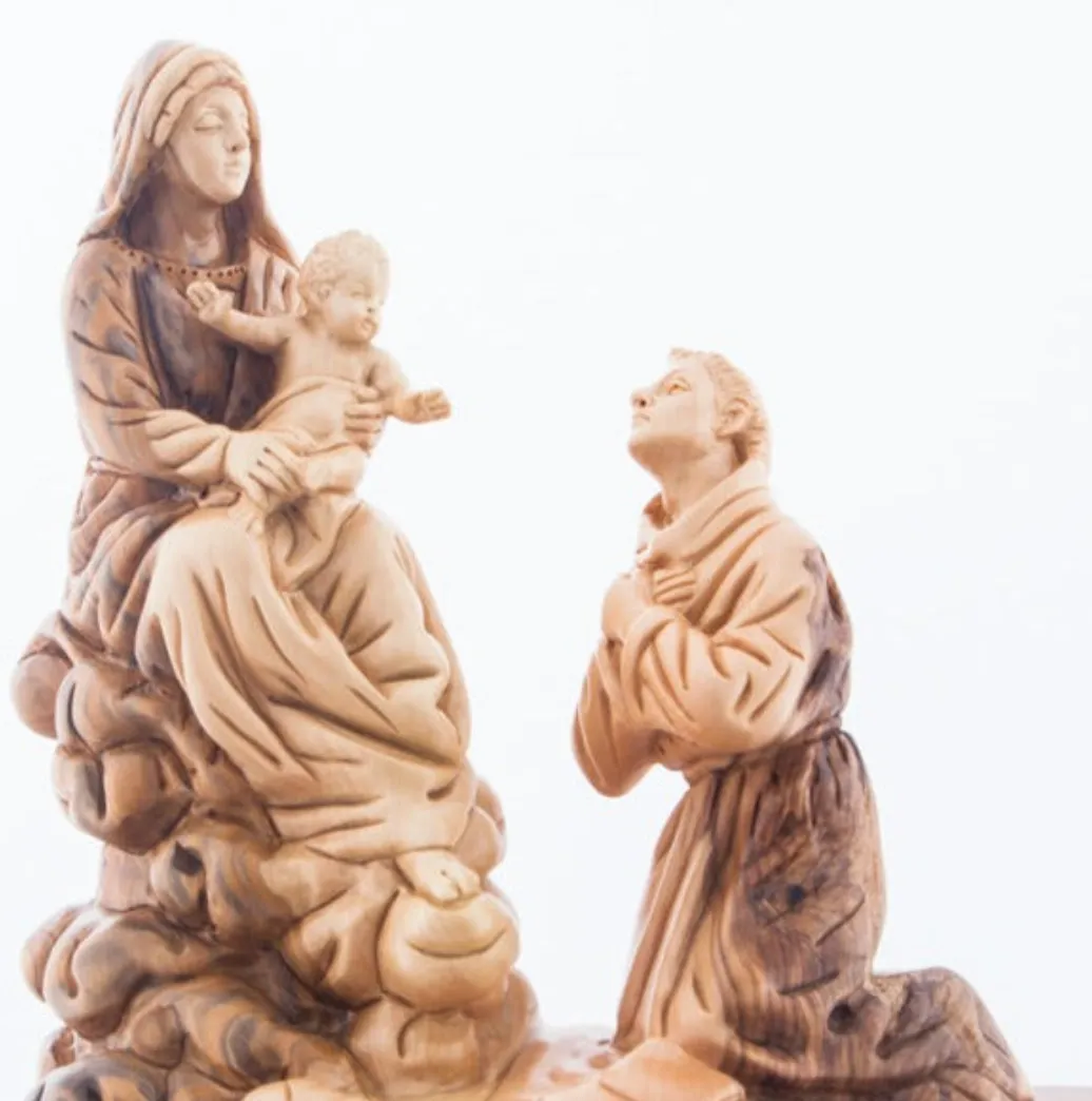 Queen of the Franciscan Order with Saint Francis Kneeling in Front of Baby Jesus, 10.2 Tall Carving , Olive Wood Statue from Hol