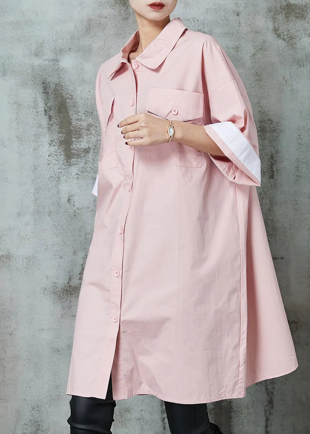 Simple Pink Oversized Cotton Shirt Dress Spring JK1002