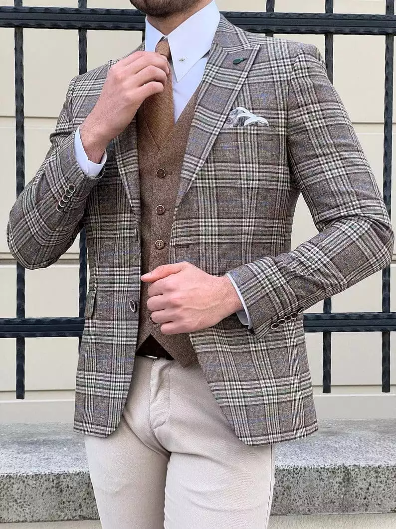 Slim Fit Beige Plaid Wool Men Jacket