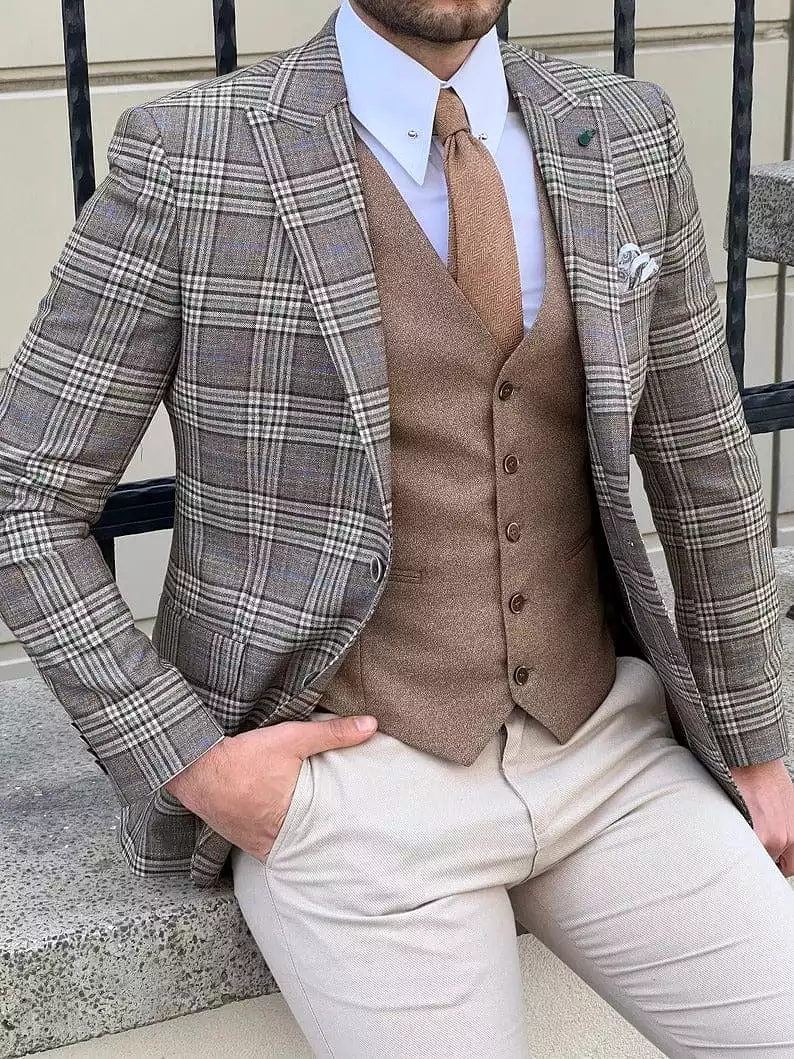 Slim Fit Beige Plaid Wool Men Jacket