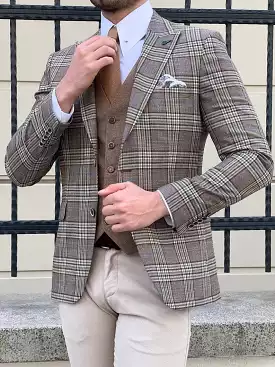 Slim Fit Beige Plaid Wool Men Jacket