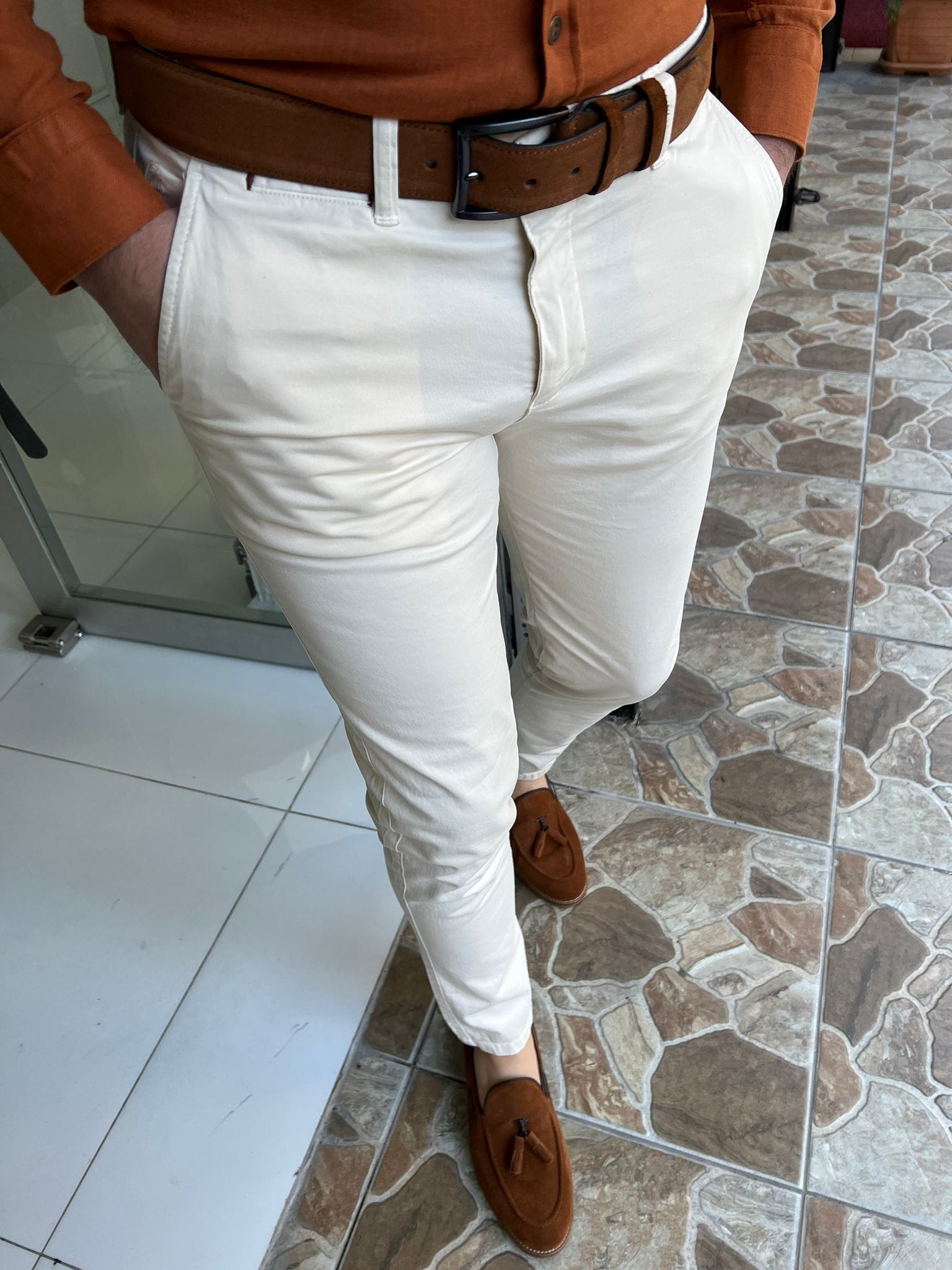 Slim Fit Cotton Cream Pants