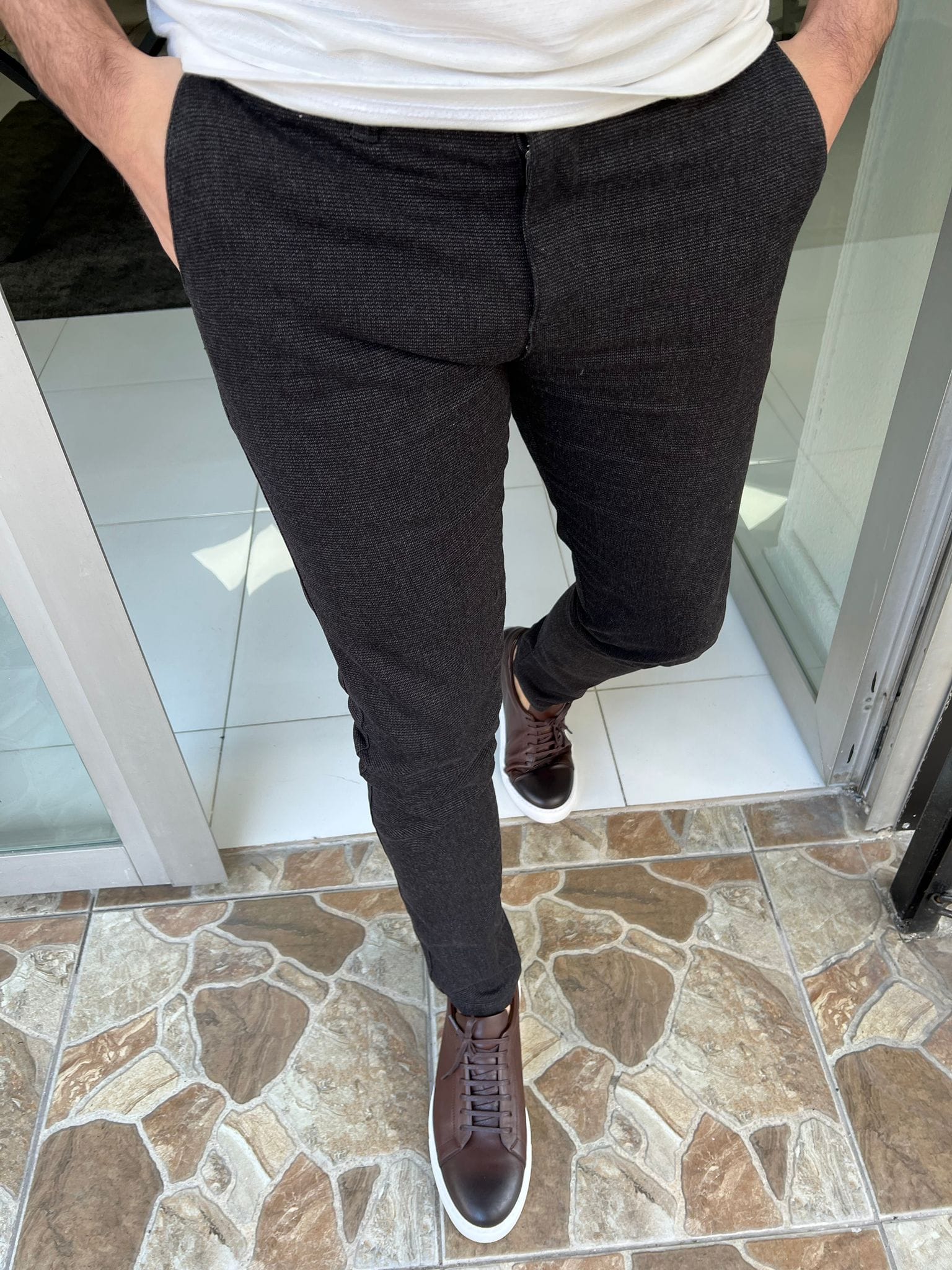 Slim Fit Micro Pattern Black Pants