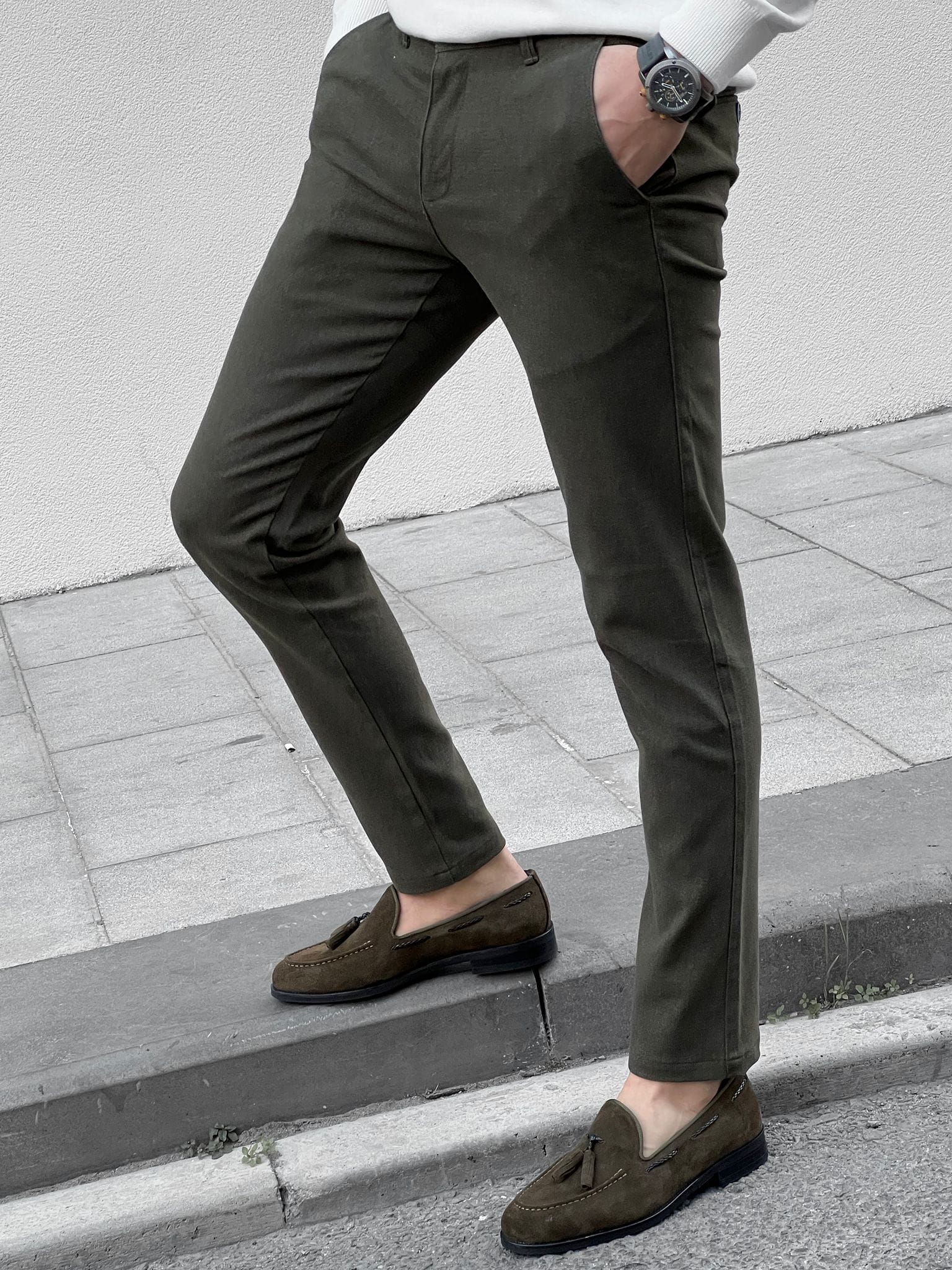 Slim Fit Self Patterned Khaki Cotton Pants