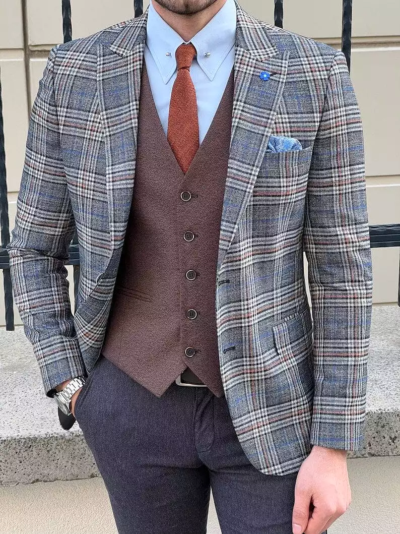 Slim Fit Wool Plaid Grey Suit Jacket