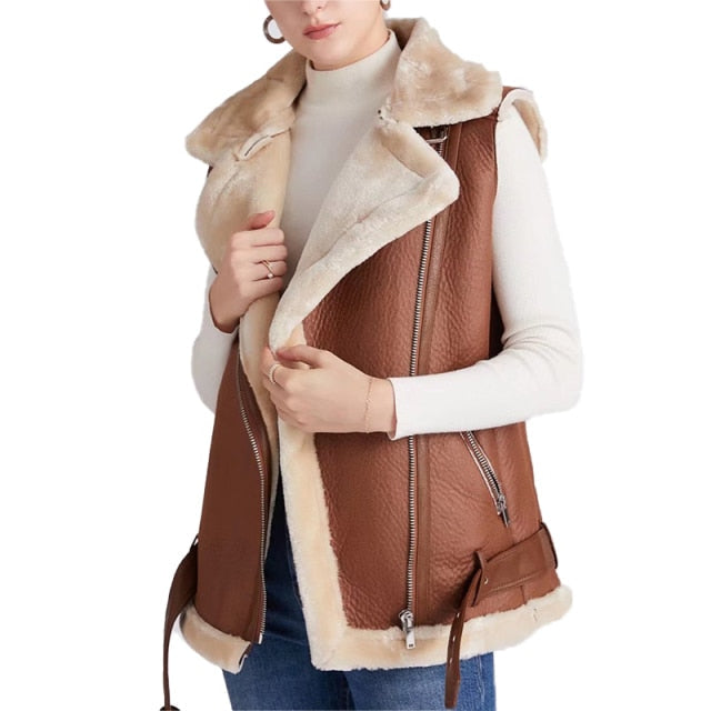 Slim Women Faux Leather Fur Vest Jacket Winter2021Retro Streetwear Buckle Belt Fashion Solid Warm Burrs Female Chic Outwear