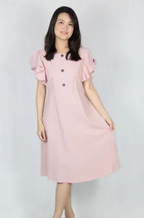 Square Neck Ruffles Sleeve Flare Dress in Pink