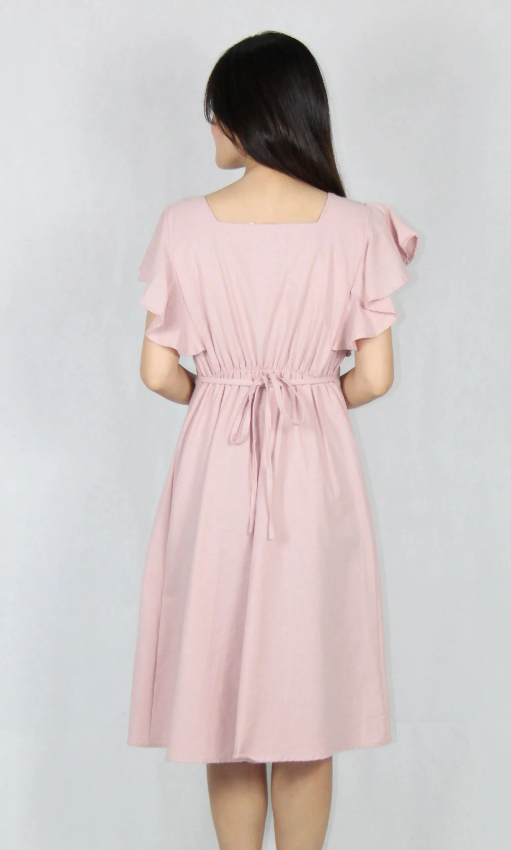 Square Neck Ruffles Sleeve Flare Dress in Pink