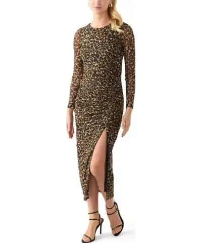 Taylor Women's Long Sleeve Mesh Crew Neck Printed Midi Sheath Dress with Side Slit