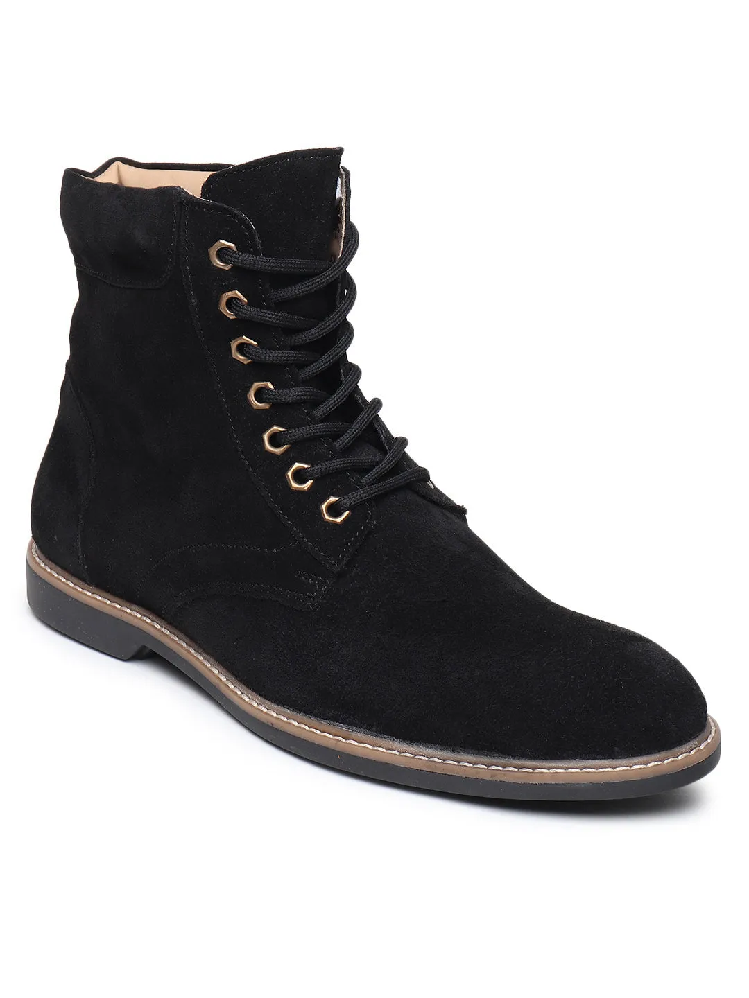 Teakwood Men Black Solid Round Toe Suede Mid-Top Flat Lace-up Boot