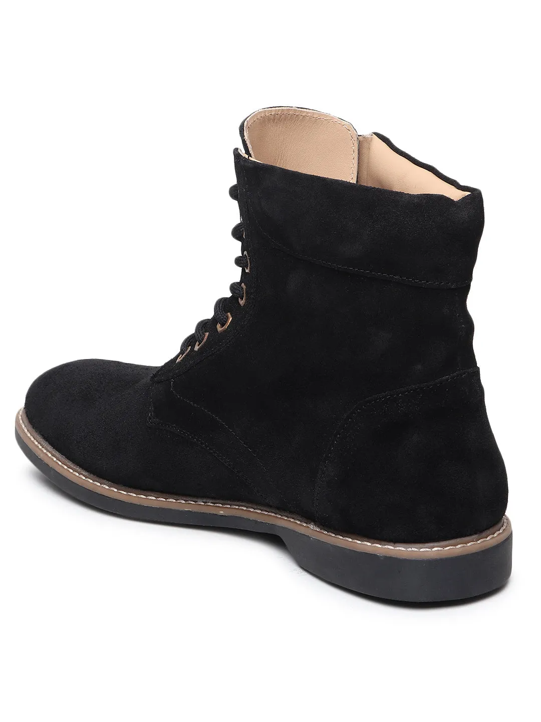 Teakwood Men Black Solid Round Toe Suede Mid-Top Flat Lace-up Boot