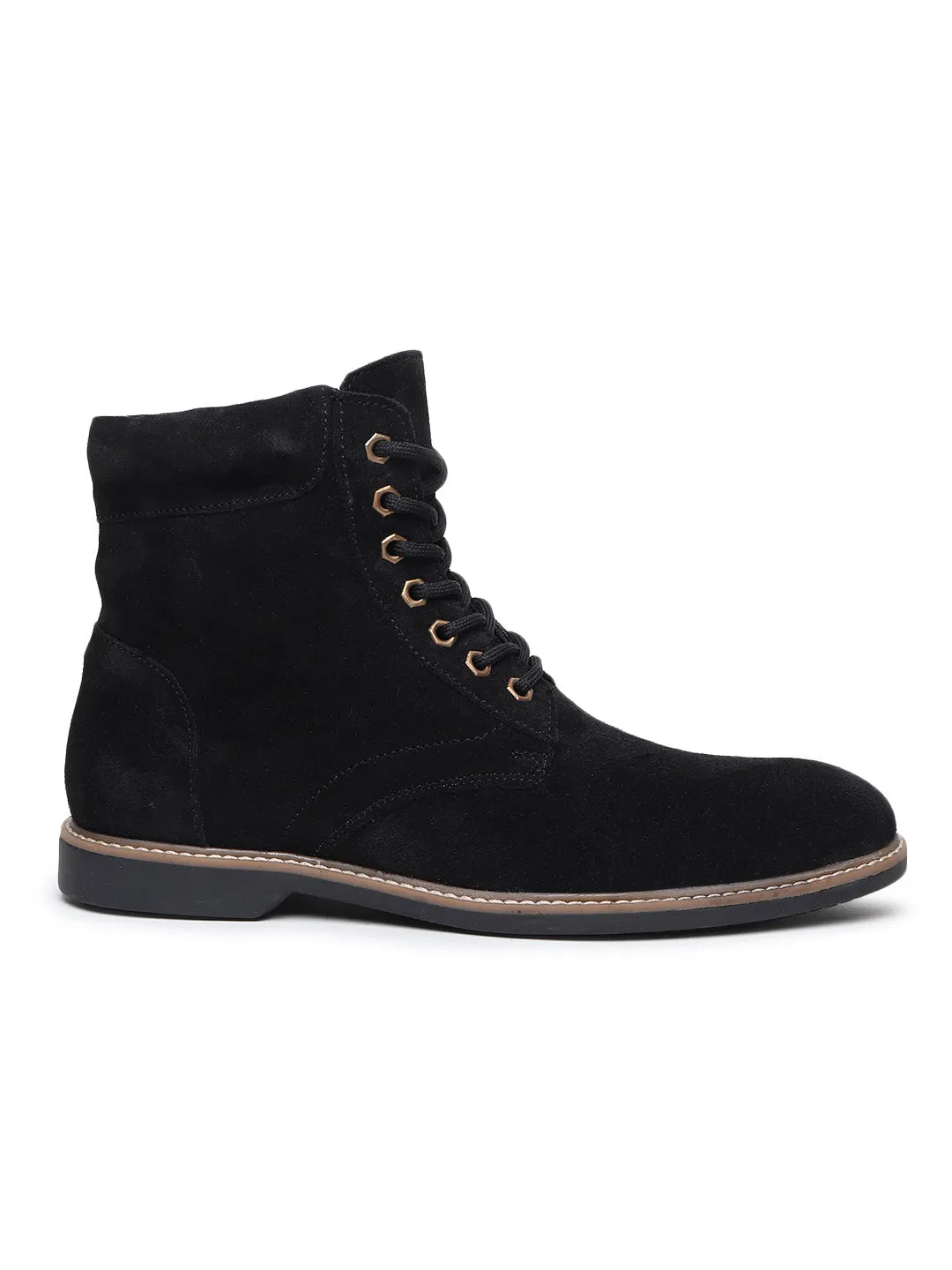 Teakwood Men Black Solid Round Toe Suede Mid-Top Flat Lace-up Boot