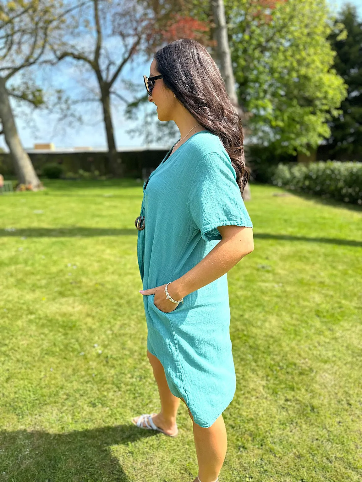 Teal V Neck Button Tunic Dress Sandra