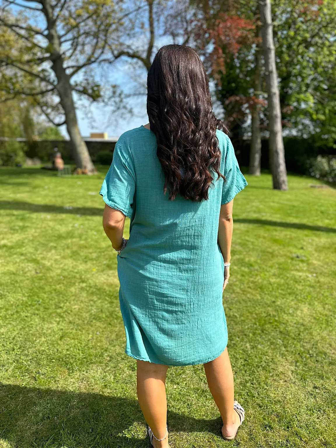 Teal V Neck Button Tunic Dress Sandra