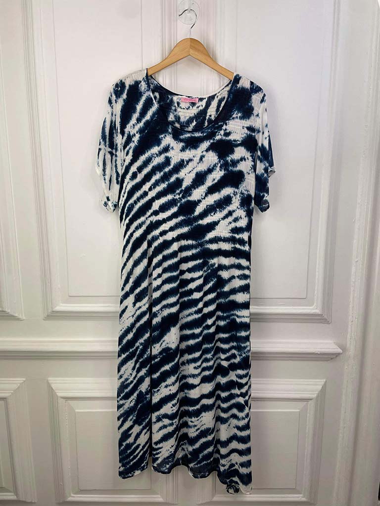 Tie Dye Shirred Midaxi Dress - Navy