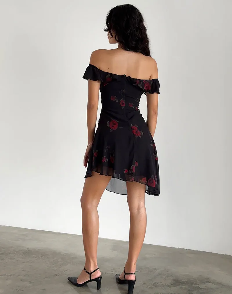 Ursula Bardot Mini Dress in Black Vintage Rose