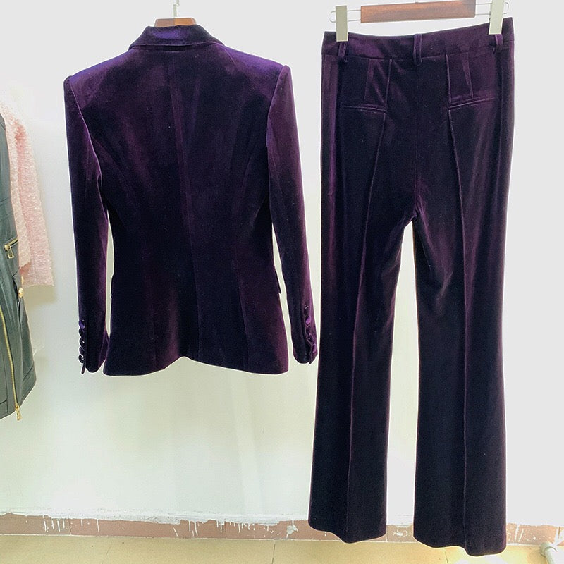 Velvet Blazer Pants Women Set Purple Brown 2023 Autumn Winter New One Button Jacket + Flare Pants Two Piece Office Female Suit