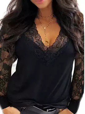 Versatile Women's Lace Shirt with V-Neck and Long Sleeves