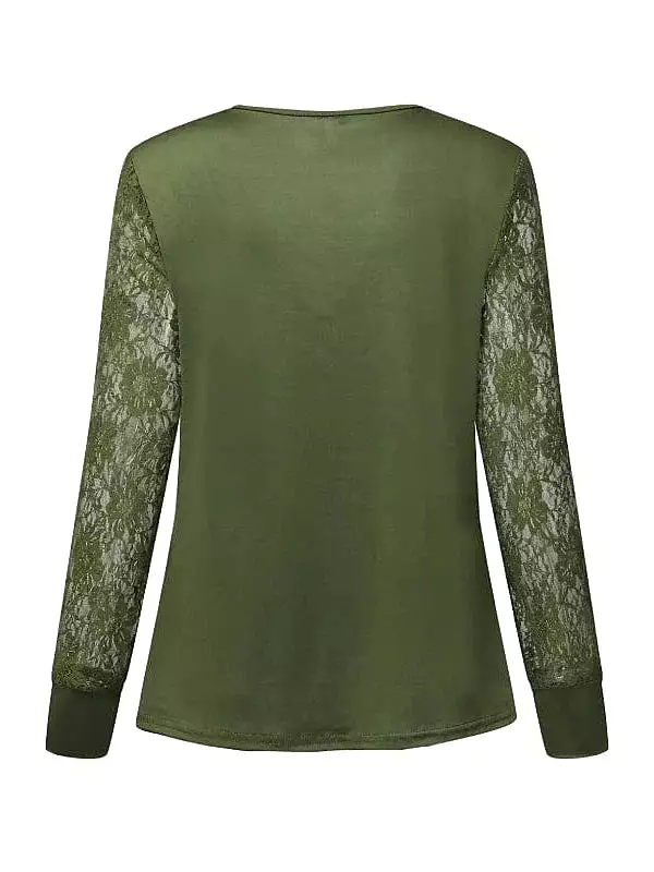 Versatile Women's Lace Shirt with V-Neck and Long Sleeves