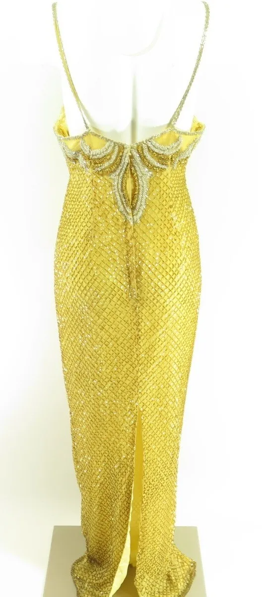 Vintage 70s Fully Beaded Silk Evening Dress Womens M Long Yellow Gold Cocktail