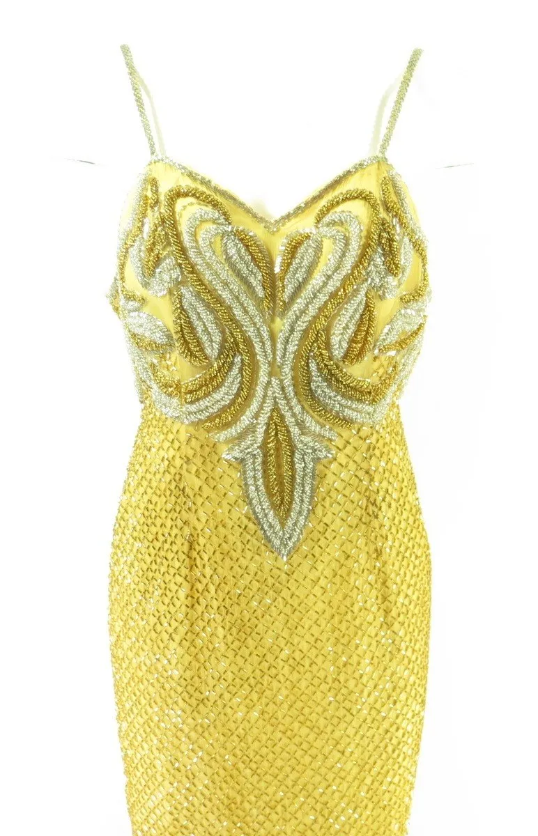 Vintage 70s Fully Beaded Silk Evening Dress Womens M Long Yellow Gold Cocktail