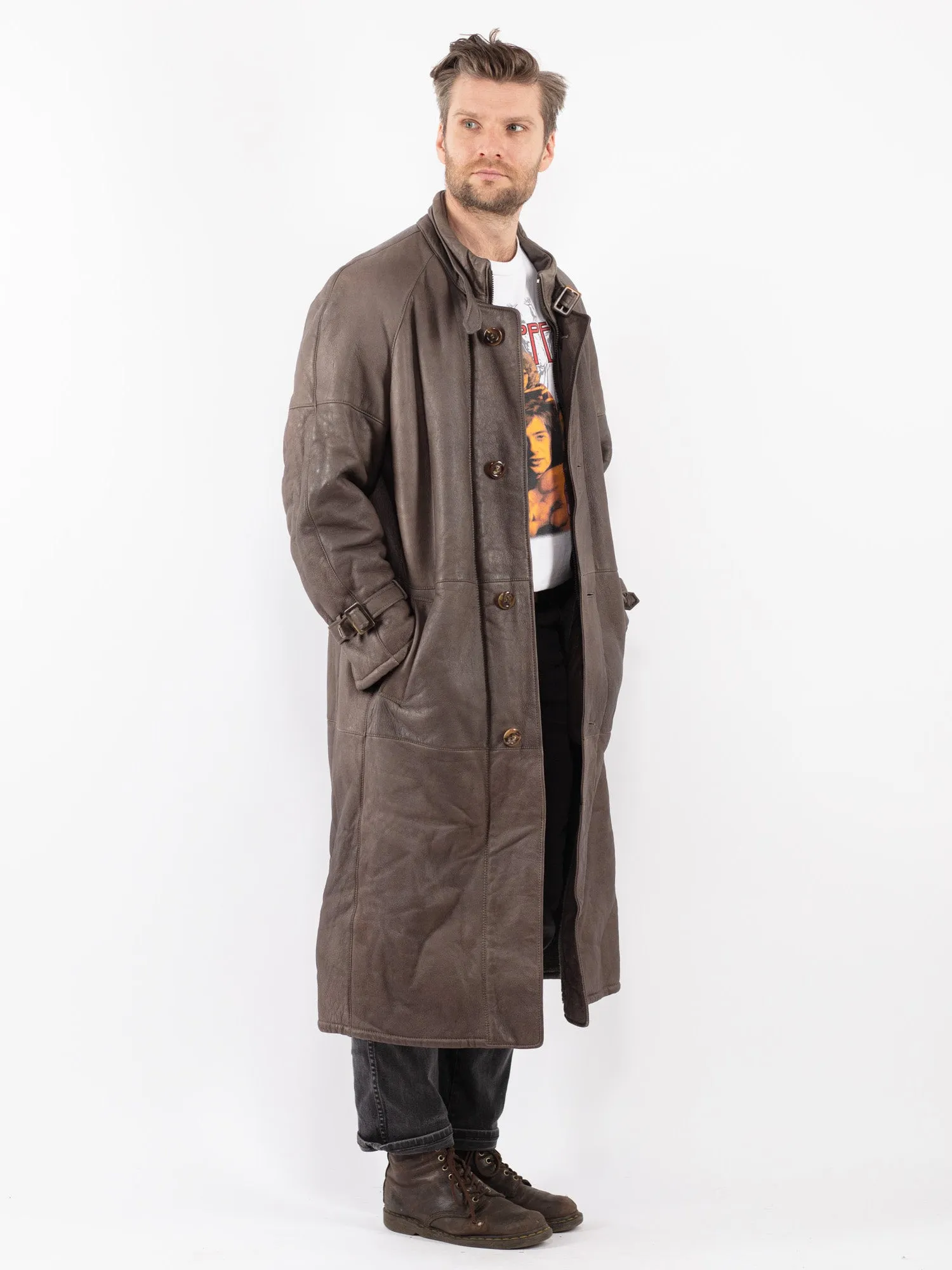 Vintage 70's Men Sheepskin Long Coat in Gray