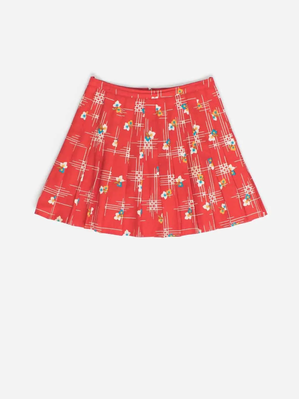 Vintage 70s pleated mini skirt with red floral pattern – Medium